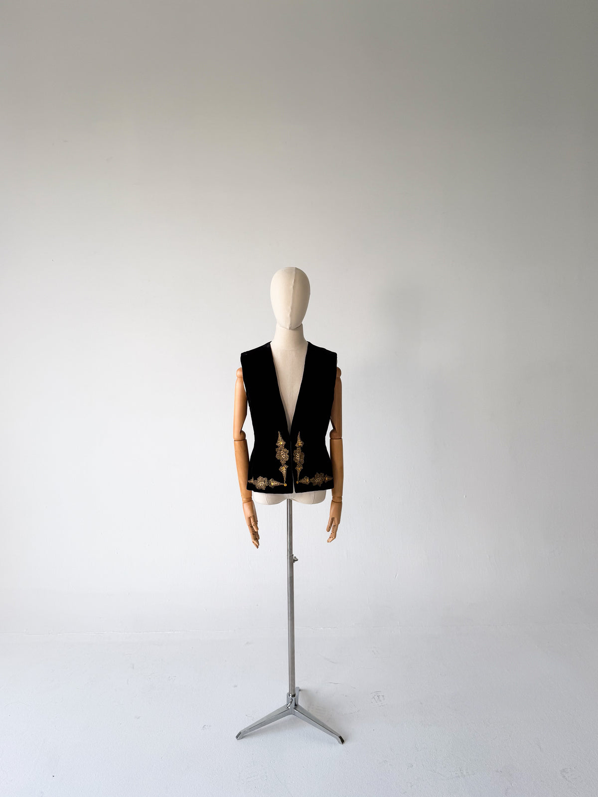 black velvet vest with gold lace appliqué