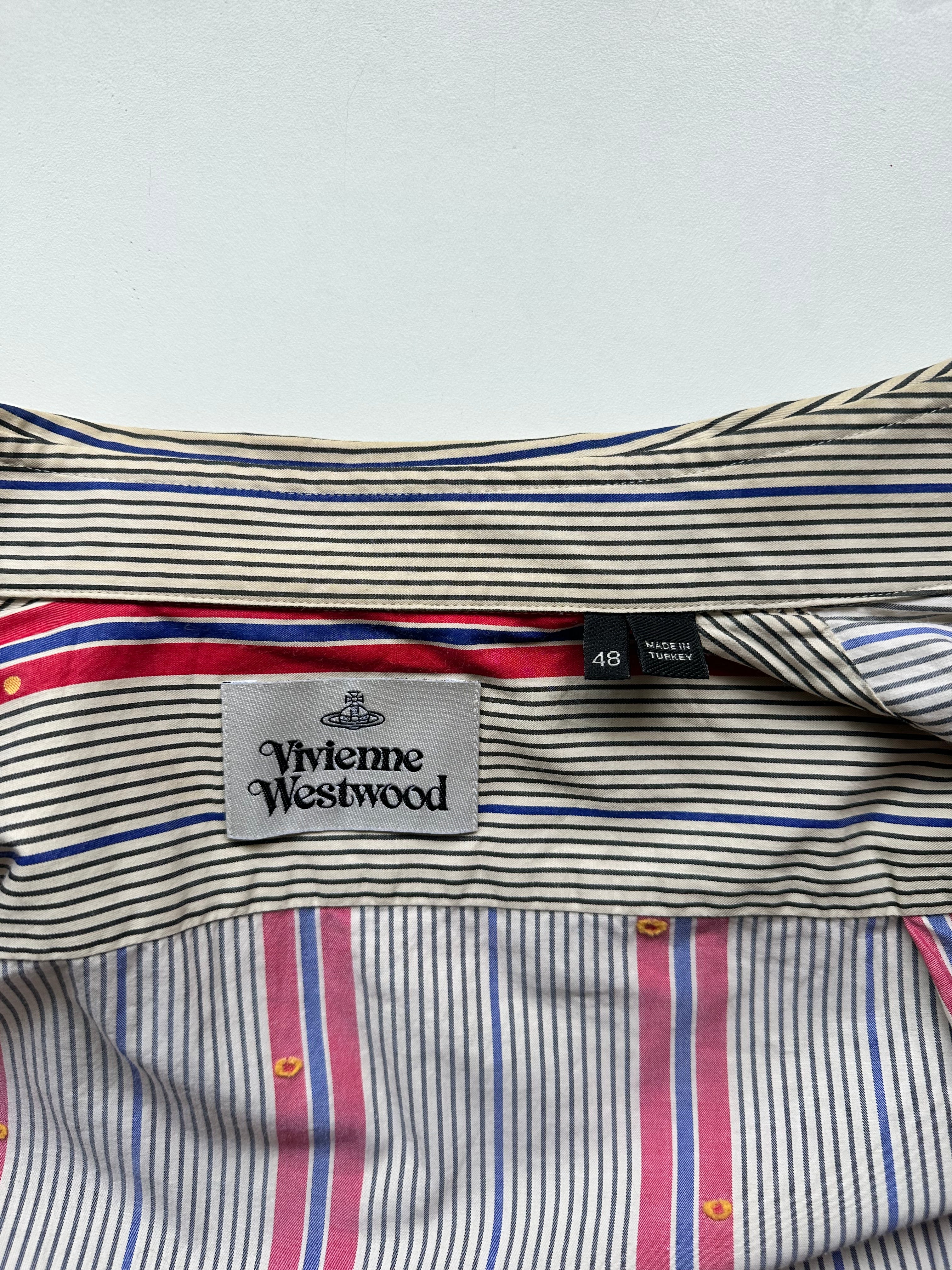 Close-up of Vivienne Westwood main label and size 48 Made in Turkey tag inside vintage regimental stripe cotton button-down shirt, c. 2007–2012.