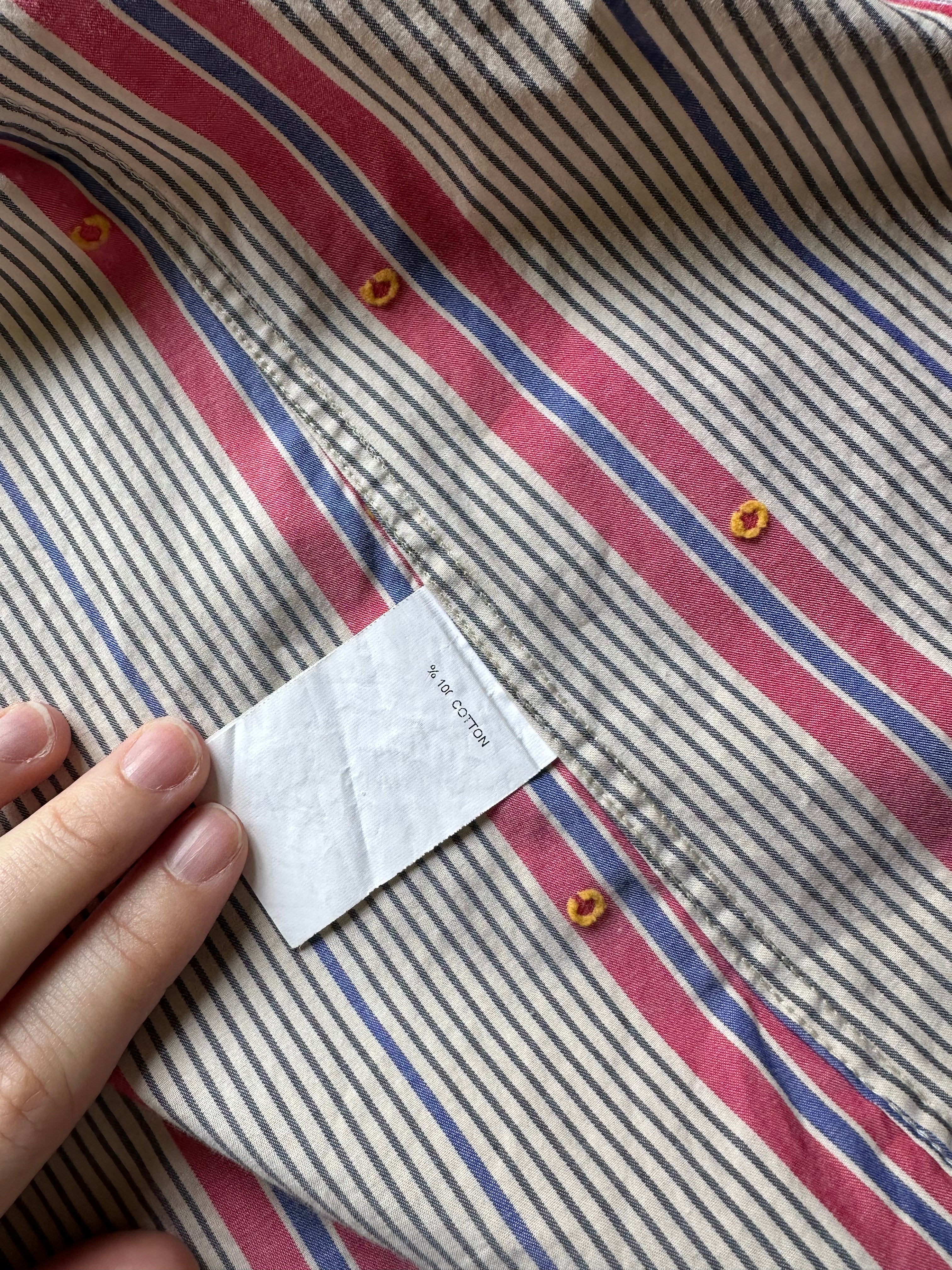 Close-up of Vivienne Westwood main label and size 48 Made in Turkey tag inside vintage regimental stripe cotton button-down shirt, c. 2007–2012.