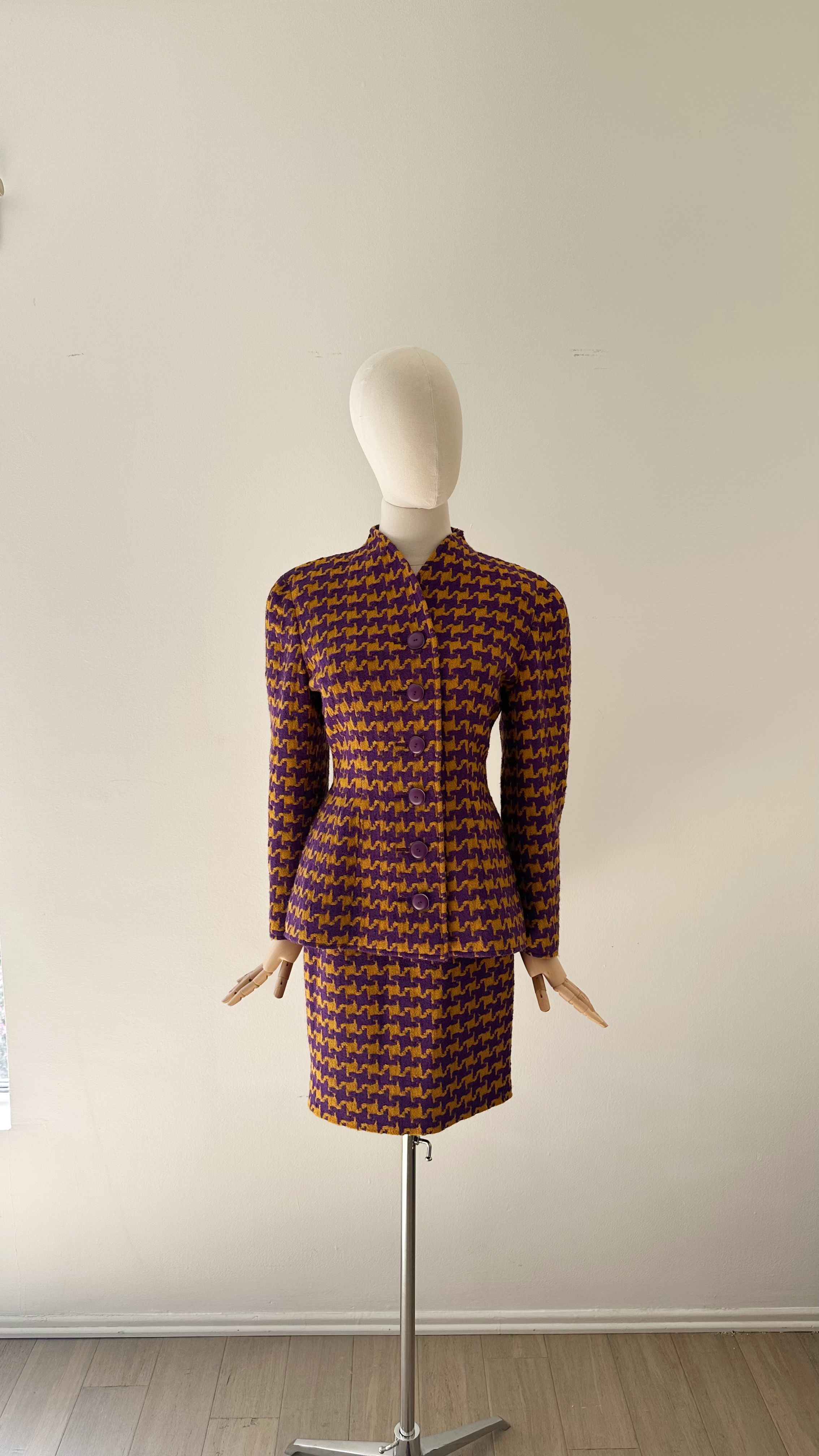 vintage Valentino Boutique houndstooth wool jacket front view purple mustard 1980s 1990s archival designer