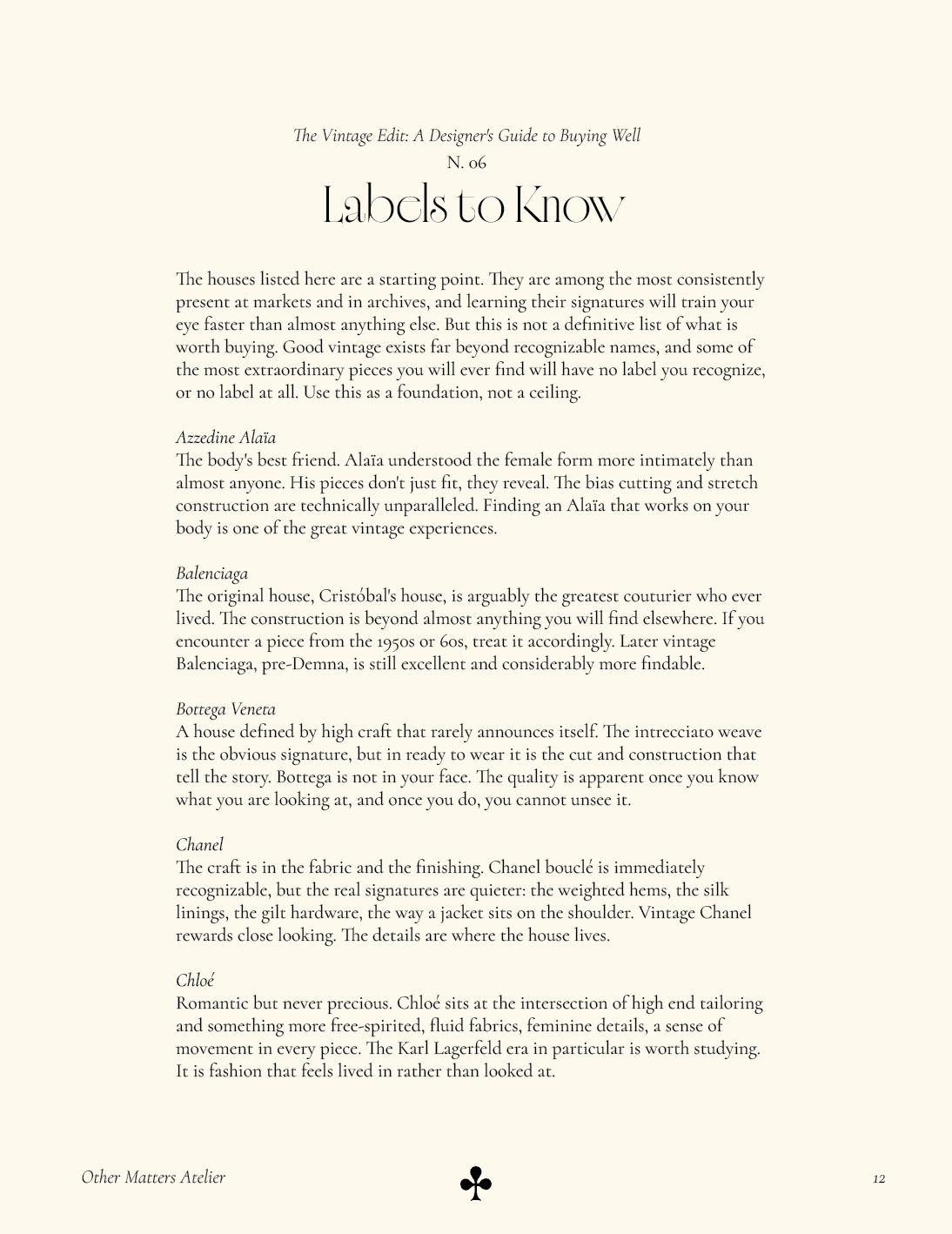 page from the vintage edit guide covering designer labels to know when buying vintage, including Balenciaga, Chanel, Chloé and more