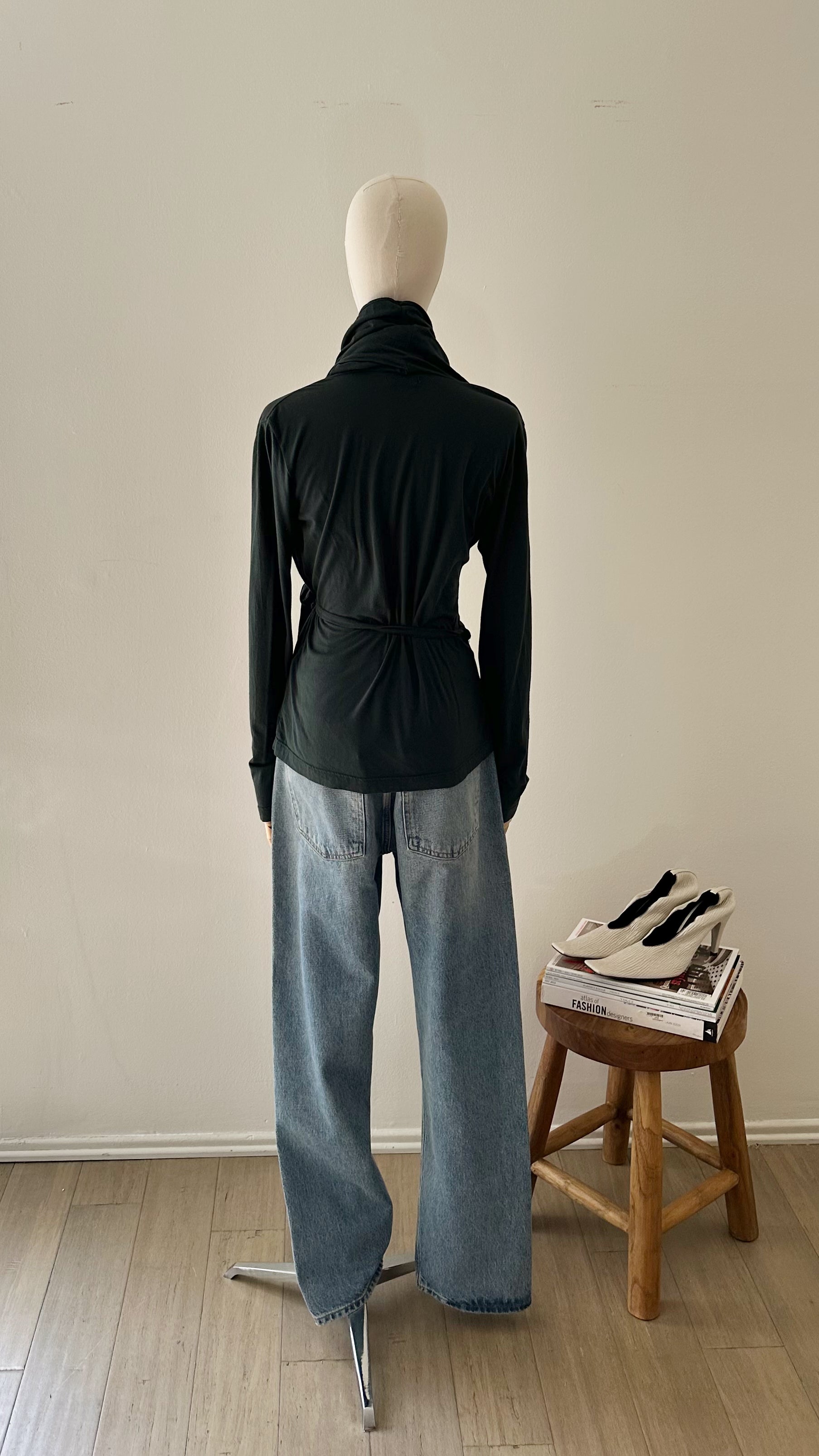 Dries Van Noten draped cowl neck top styled hunter green cotton jersey vintage designer size small
