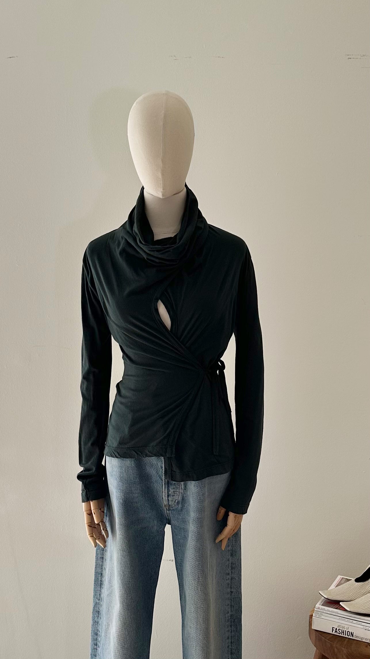 vintage Dries Van Noten hunter green asymmetric wrap jersey top on model Paris-sourced archival fashion