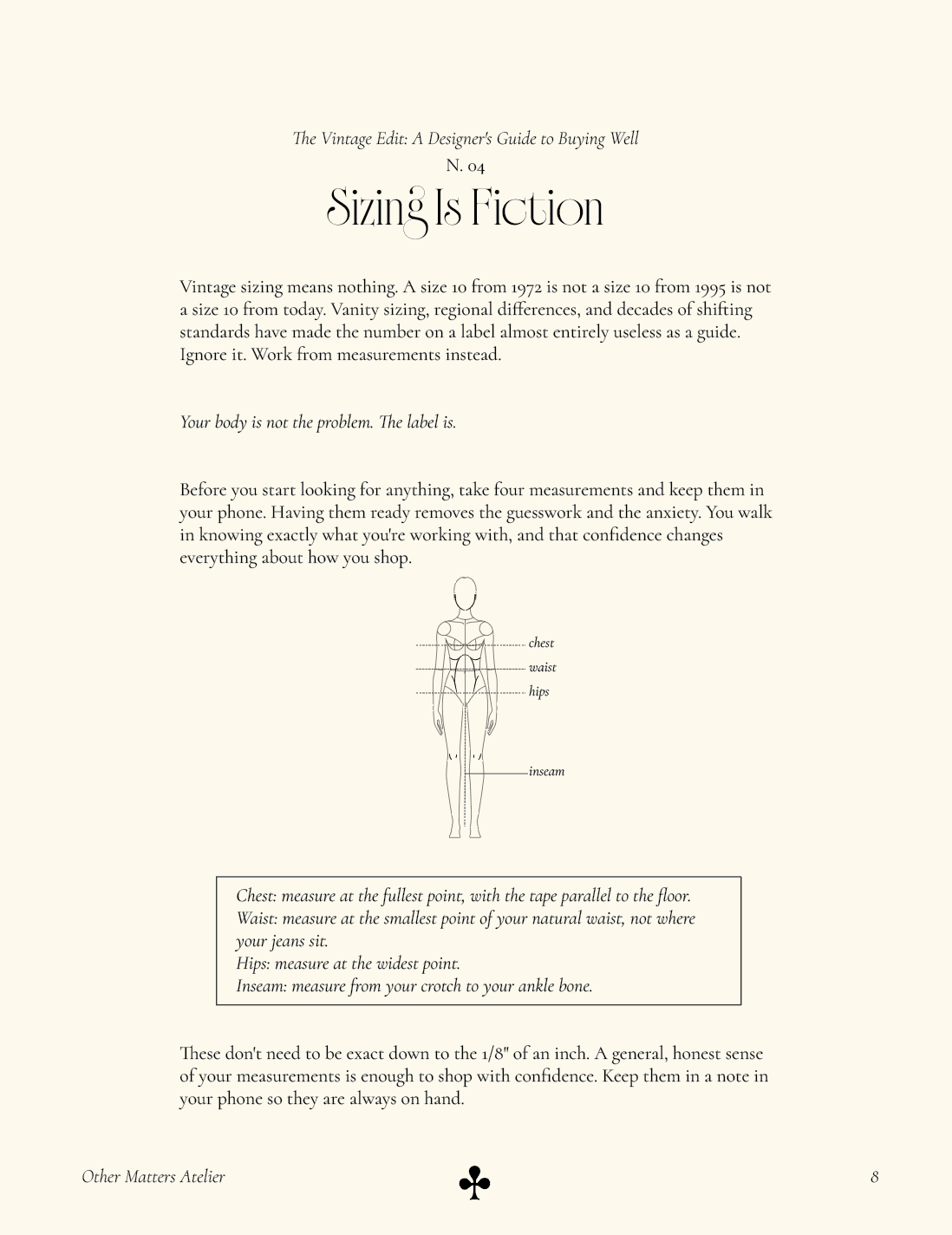 illustrated vintage sizing guide showing how to measure chest waist hips and inseam for buying vintage clothing