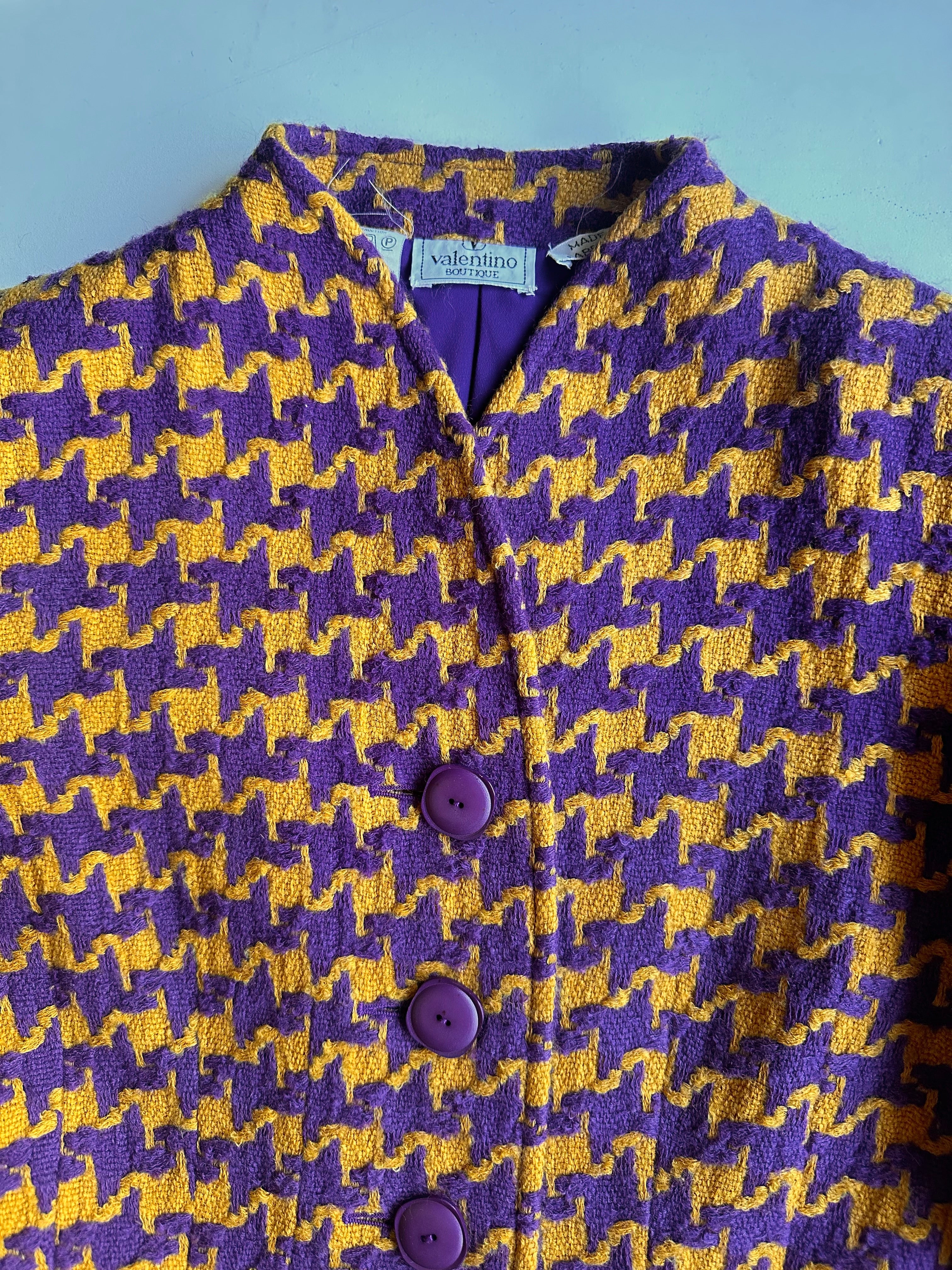 vintage Valentino matched wool set purple mustard gold houndstooth 1990s Italian designer secondhand