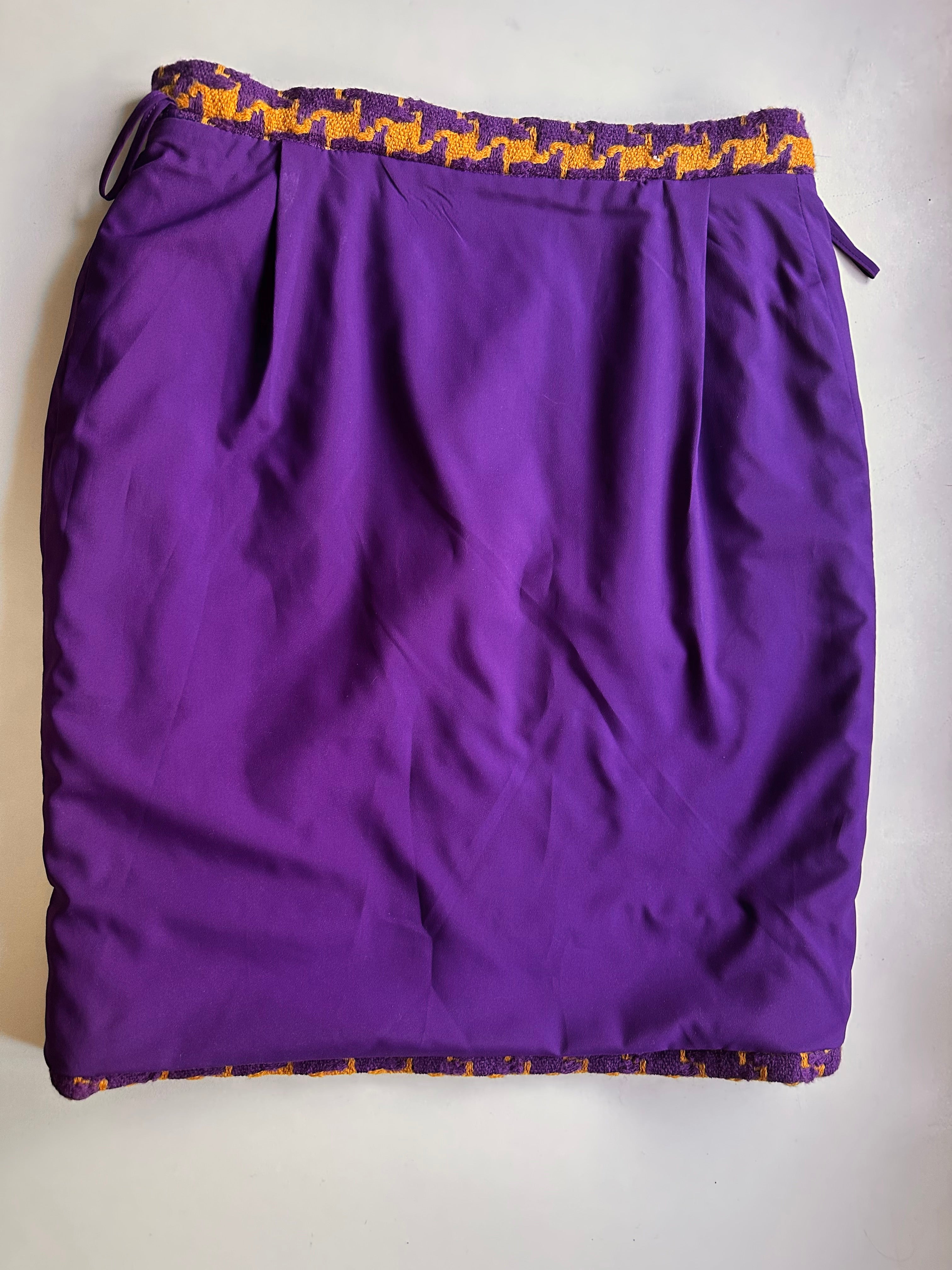 vintage Valentino Boutique pencil skirt flat lay purple gold houndstooth boucle Italy 1988 1993